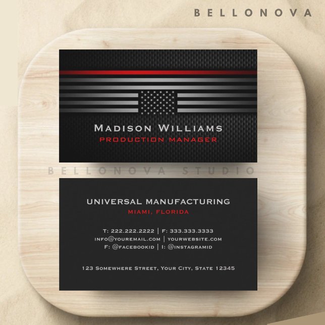 Tarjeta De Visita Personalizado Gris Negro Rojo Estados Unidos Bande (Custom Black Grey Red The USA America Flag Premium Business Card)