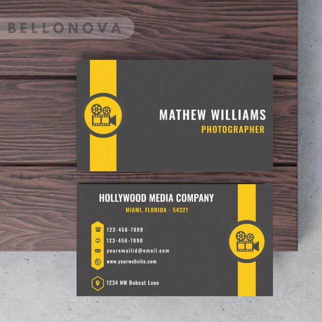 Tarjeta De Visita Personalizado gris oscuro amarillo negro creativo  (Custom Dark Grey Black Yellow Creative & Media Business Card)