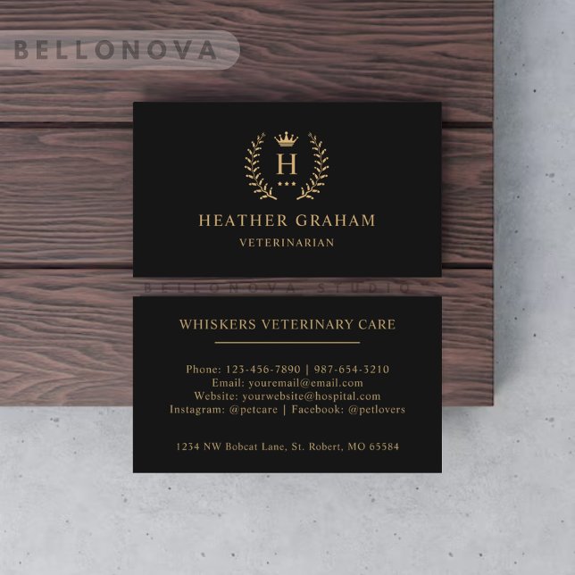 Tarjeta De Visita Personalizado Inicial Y Nombre Negro Y Oro Monogra (Custom Initial & Name Black And Gold Monogrammed Business Card)