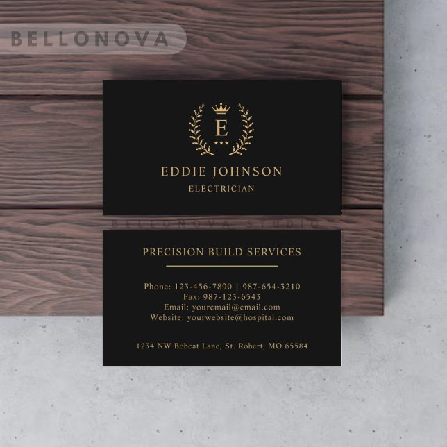 Tarjeta De Visita Personalizado Inicial Y Nombre Negro Y Oro Monogra (Custom Initial & Name Black And Gold Monogrammed Business Card)
