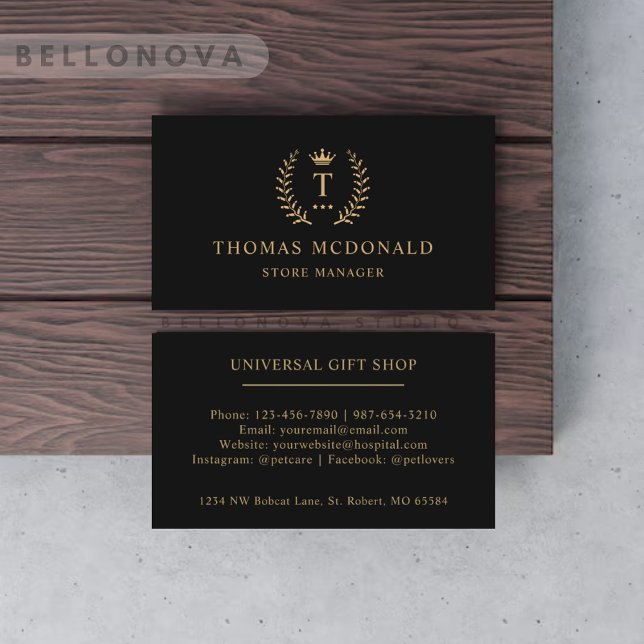 Tarjeta De Visita Personalizado Inicial Y Nombre Negro Y Oro Monogra (Custom Initial & Name Black And Gold Monogrammed Business Card)