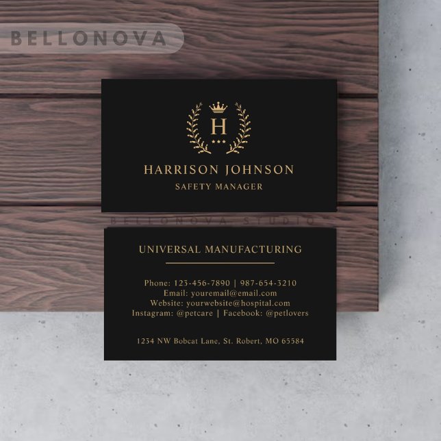 Tarjeta De Visita Personalizado Inicial Y Nombre Negro Y Oro Monogra (Custom Initial & Name Black And Gold Monogrammed Business Card)