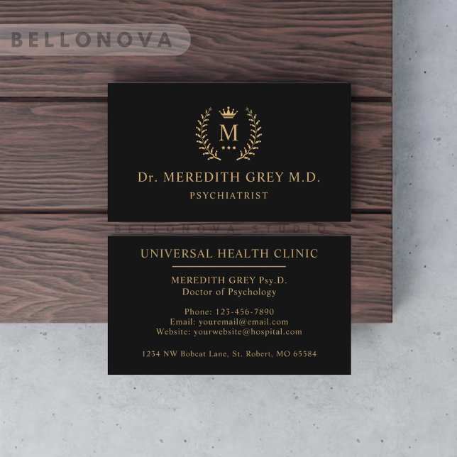 Tarjeta De Visita Personalizado Inicial Y Nombre Negro Y Oro Monogra (Custom Initial & Name Black And Gold Monogrammed Business Card)