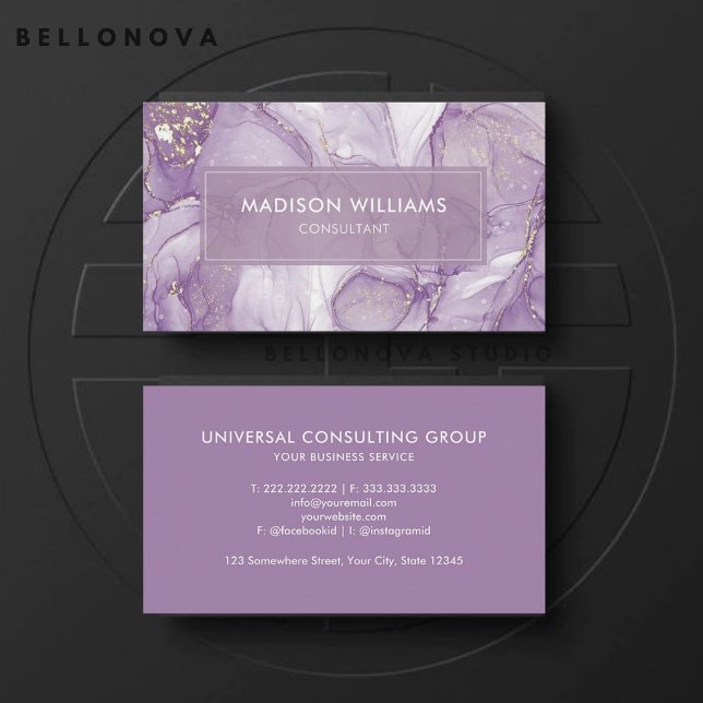 Tarjeta De Visita Personalizado Lavender Purple White Purpurina Prof (Custom Lavender Purple White Glitter Professional Business Card)