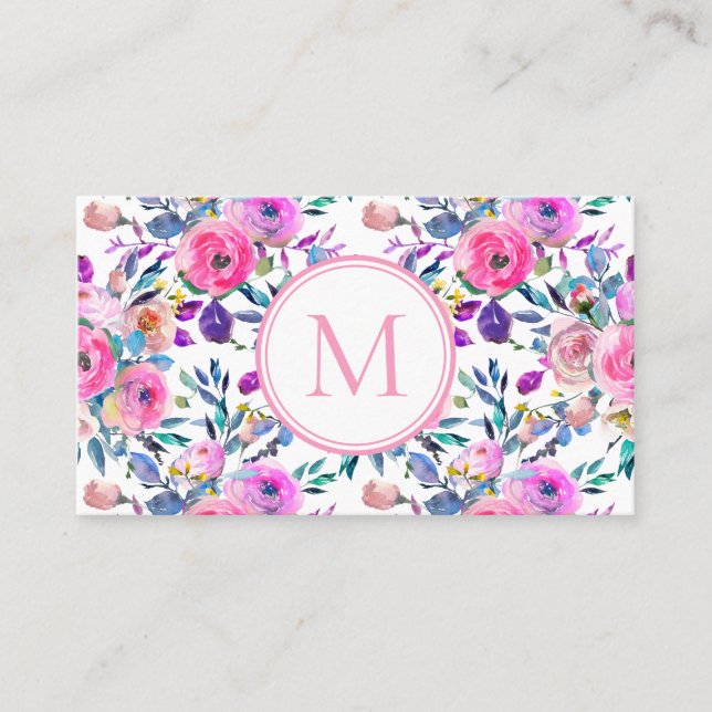Tarjeta De Visita Personalizado Monograma acuarela floral rosa (Anverso)