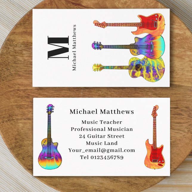 Tarjeta De Visita Personalizado Monograma de Guitar Music Teacher (Modern guitar music teacher professional musician Business card Colorful guitar artwork design)