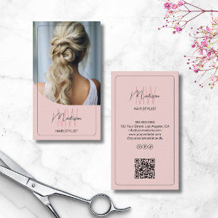 Tarjeta De Visita Personalizado Monograma Estilista de pelo QR Rosa