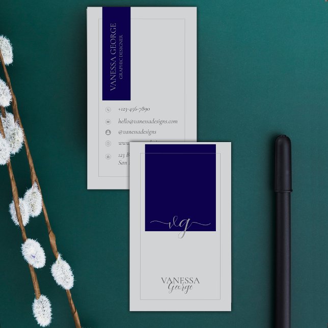 Tarjeta De Visita Personalizado monograma moderno elegante y gris az (Blue Grey Elegant Cute Modern Monogram Custom Business Card)