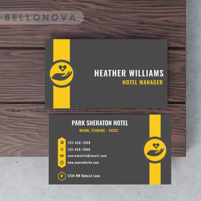 Tarjeta De Visita Personalizado Negra Gris Oscuro Negra Hospitalidad (Custom Dark Grey Black Yellow Hospitality Business Business Card)