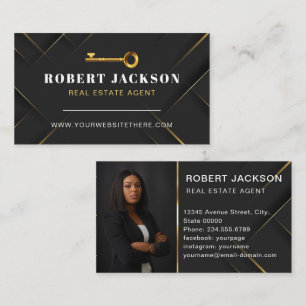 Tarjeta De Visita Personalizado Negro + Golden Key Realtors Lujo Mod