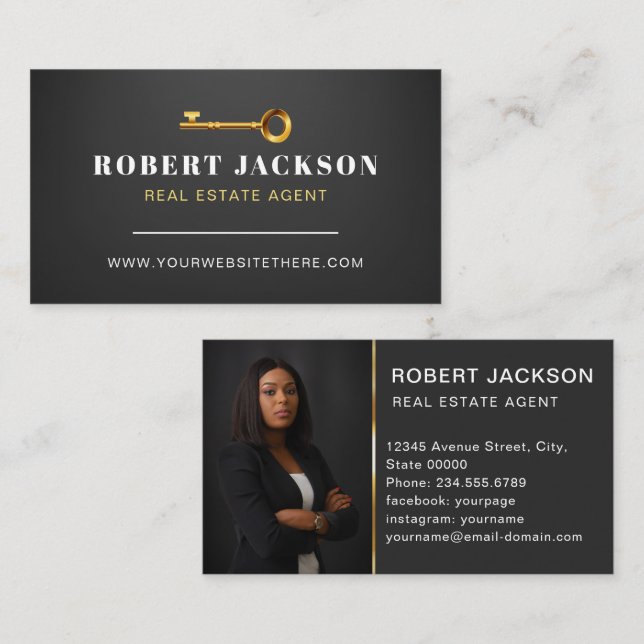 Tarjeta De Visita Personalizado Negro + Golden Key Realtors Lujo Mod (Anverso / Reverso)