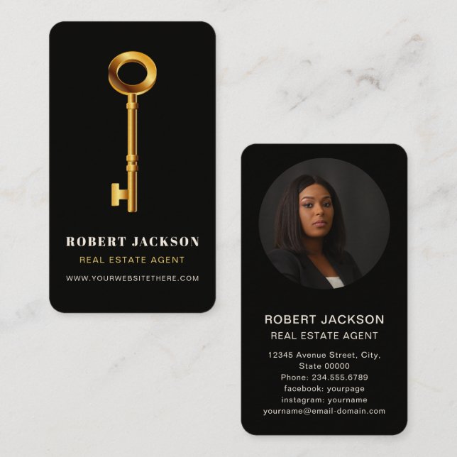 Tarjeta De Visita Personalizado Negro + Golden Key Realtors Lujo Mod (Anverso / Reverso)