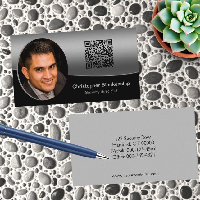 Tarjeta De Visita Personalizado negro y gris Foto profesional de cód (Custom photo business card template front and back)