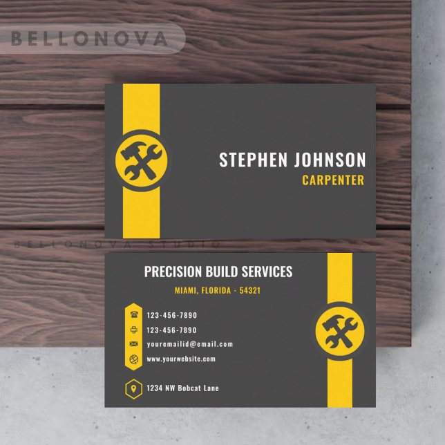 Tarjeta De Visita Personalizado Obrero de la construcción amarillo n (Custom Dark Grey Black Yellow Construction Worker Business Card)