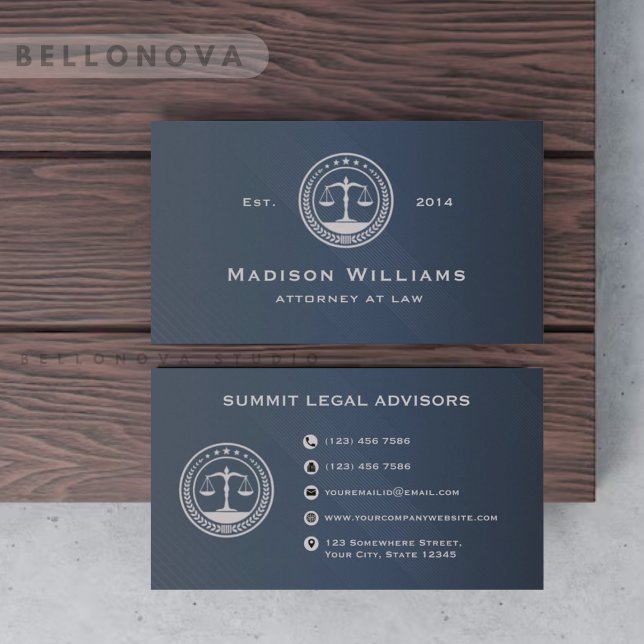 Tarjeta De Visita Personalizado Oficina de Derecho del Monograma Gri (Custom Dark Blue Grey Monogram Law Office Business Card)