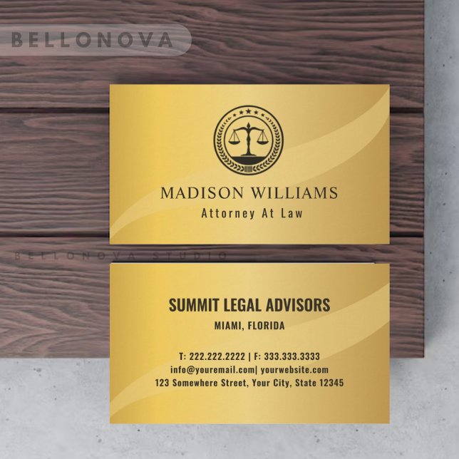 Tarjeta De Visita Personalizado Oro Estilo Metalizado Negro Monogram (Custom Gold Metal Style Black Monogram Law Office Business Card)