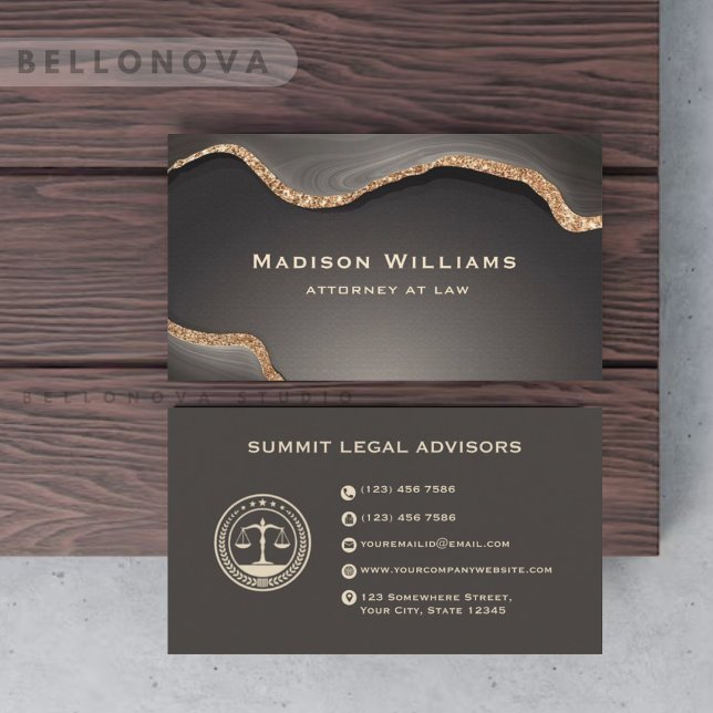 Tarjeta De Visita Personalizado Oro Negro Mármol Gris Monograma Ofic (Custom Gold Black Grey Marble Monogram Law Office Business Card)