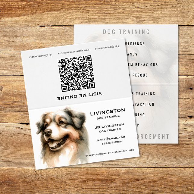 Tarjeta de visita personalizado para entrenadores  (Dog Trainer QR Code Folded Business Card (front and back))