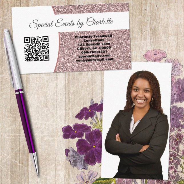 Tarjeta De Visita Personalizado Photo Professional Purpurina rosa Có (Share your professional photo and business details all on one unique business card design.)