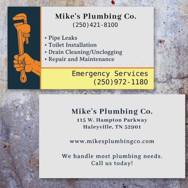 Tarjeta De Visita Personalizado Plumber Plumbing Service Profesional (Plumbing Orange and Blue Pipe Wrench Plumber Business Card)