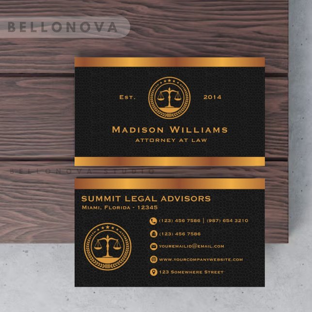 Tarjeta De Visita Personalizado Premium Gold Black Classic Monograma (Custom Premium Gold Black Classic Monogram Law Business Card)