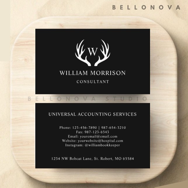 Tarjeta De Visita Personalizado Profesional De Antler De Deer Blanco (Custom Black And White Deer Antler Professional Business Card)