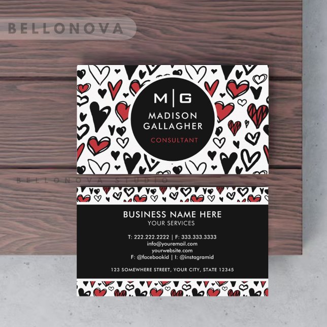 Tarjeta De Visita Personalizado Profesional De Corazón De Amor Negro (Custom Black And White Red Love Heart Professional Business Card)