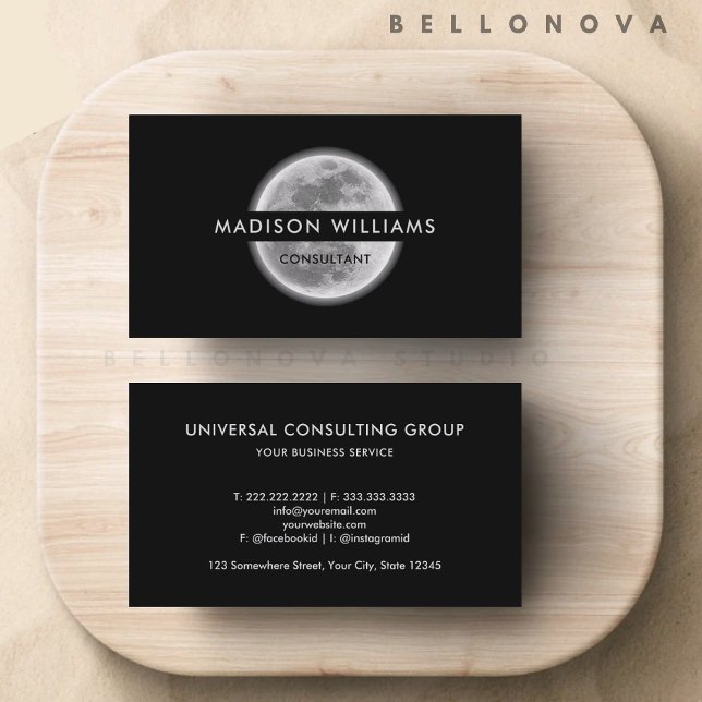 Tarjeta De Visita Personalizado Profesional De Espacio En Luna Blanc (Custom Black And White Moon Space Professional Biz Business Card)