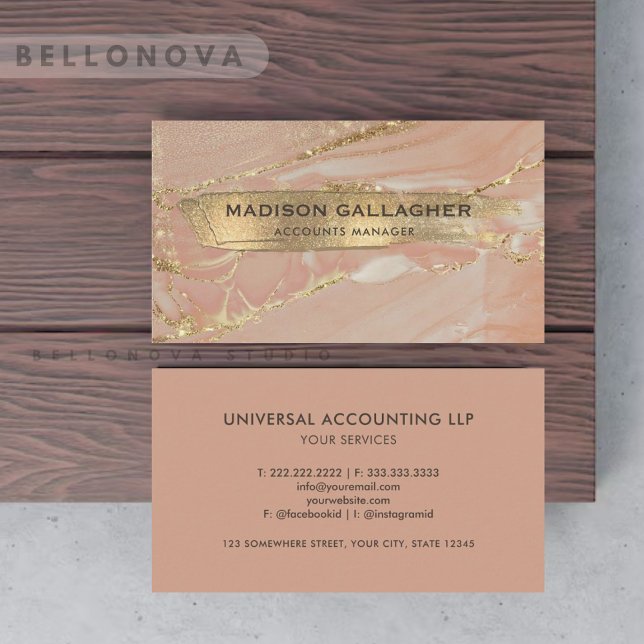 Tarjeta De Visita Personalizado Profesional de Moda Purpurina de Már (Custom Pink Gold Marble Glitter Chic Professional Business Card)