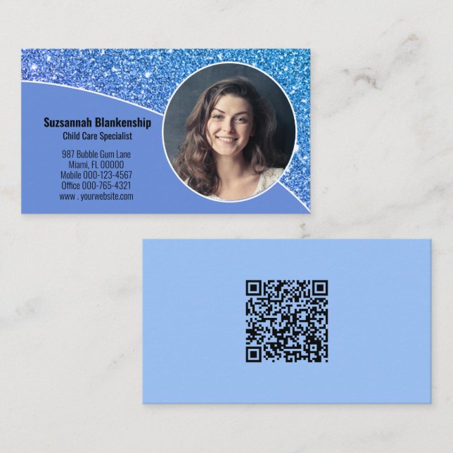 Tarjeta De Visita Personalizado profesional Foto Azul Código QR en r (Anverso / Reverso)