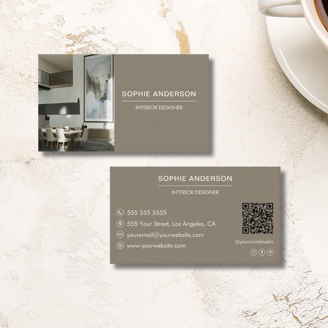 Tarjeta De Visita Personalizado profesional Foto QR Designer Taupe (Professional Custom Photo QR Designer Taupe Business Card)