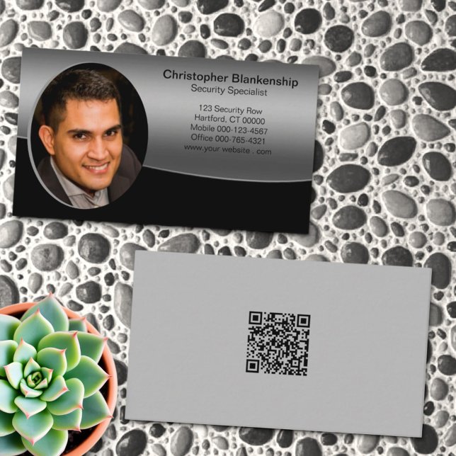 Tarjeta De Visita Personalizado profesional negro y gris Foto Código (Custom photo template business card front and back)