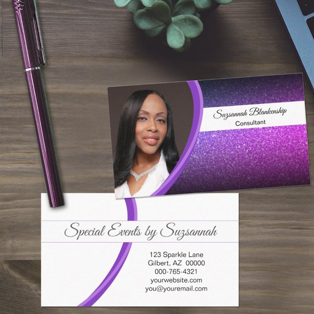 Tarjeta De Visita Personalizado profesional Purple Faux Purpurina Fo (Subido por el creador)