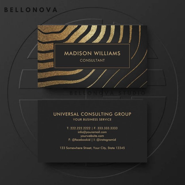 Tarjeta De Visita Personalizado Profesional Purpurina De Olas De Oro (Custom Black And Gold Wave Glitter Professional Business Card)