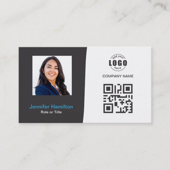 Tarjeta De Visita Personalizado profesional QRCode Foto Gray Blue (Anverso)