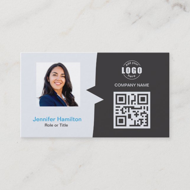 Tarjeta De Visita Personalizado profesional QRCode Foto Gray Blue (Anverso)