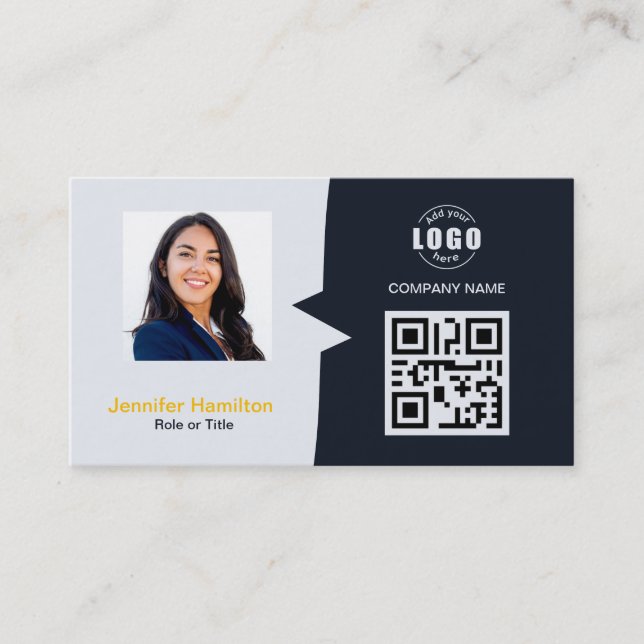Tarjeta De Visita Personalizado profesional QRCode Photo Navy amaril (Anverso)