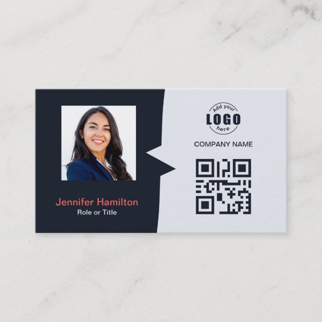 Tarjeta De Visita Personalizado profesional QRCode Photo Navy Blue R (Anverso)
