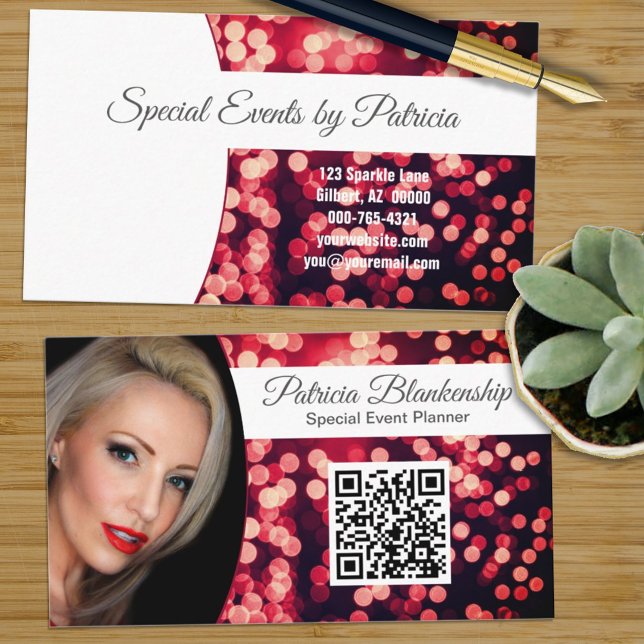 Tarjeta De Visita Personalizado profesional Rosy Red Bokeh Foto QR (Subido por el creador)