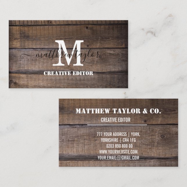 Tarjeta De Visita Personalizado Profesional Rustic Wood Monogram (Anverso / Reverso)