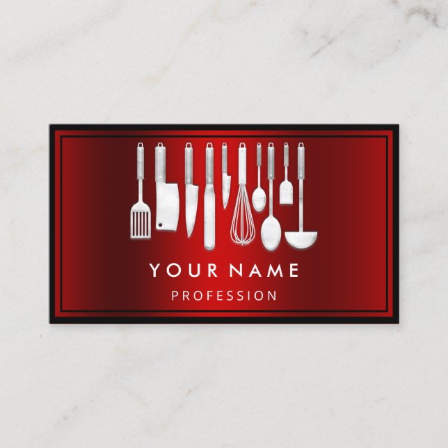 Tarjeta De Visita Personalizado QR CODE Restaurante Cocina Chef Rojo (Anverso)