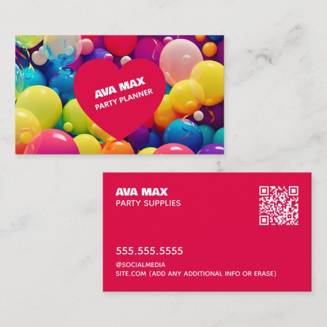 Tarjeta De Visita Personalizado QR Fiesta Planner Ballon (Anverso / Reverso)
