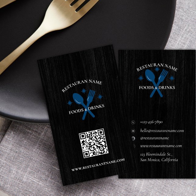 Tarjeta De Visita Personalizado QRCode Wood Textured Restaurant Logo (Custom QRCode Wood Textured Restaurant Logo Rustic Business Card)