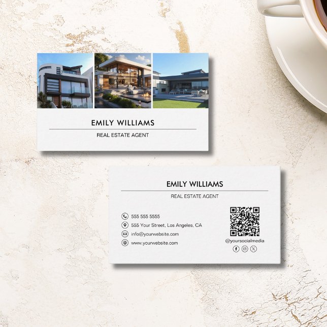 Tarjeta De Visita Personalizado Real Estate Foto QR Medios sociales  (Custom Real Estate Photo QR Social Media White Business Card)