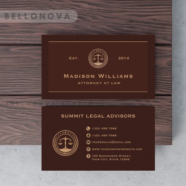 Tarjeta De Visita Personalizado Red Maroon Brown Oficina de Derecho  (Custom Dark Red Maroon Brown Monogram Law Office Business Card)