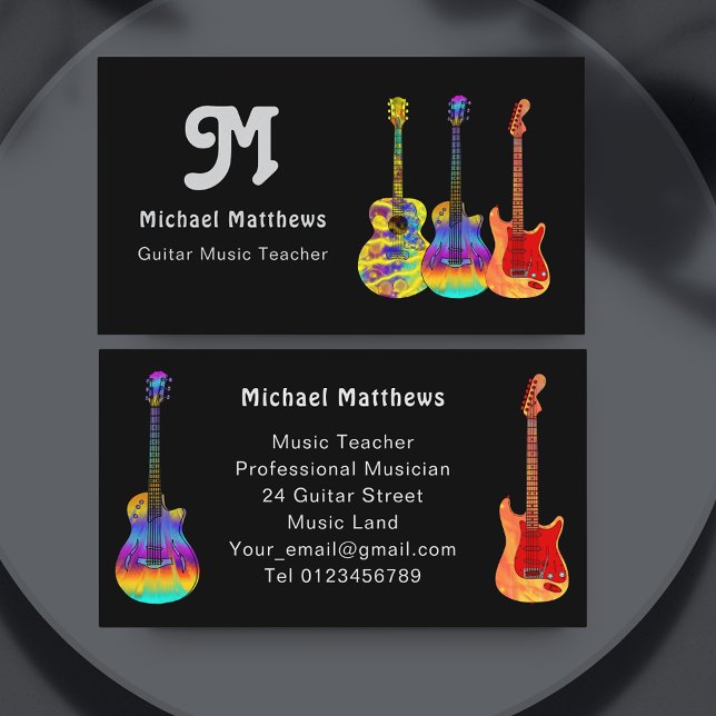 Tarjeta De Visita Personalizado Retro Guitar Music Teacher (Retro guitar music teacher custom photo custom business card with psychedelic guitars)