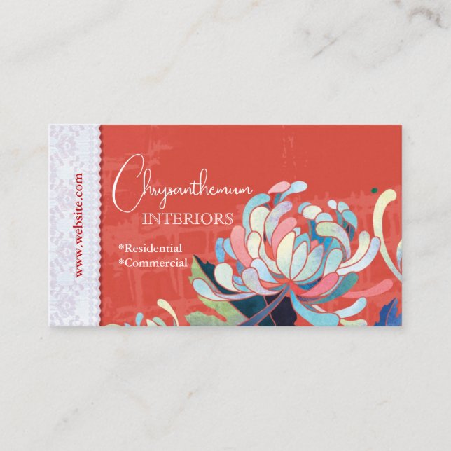 Tarjeta De Visita Personalizado rojo de diseño de interiores florale (Anverso)
