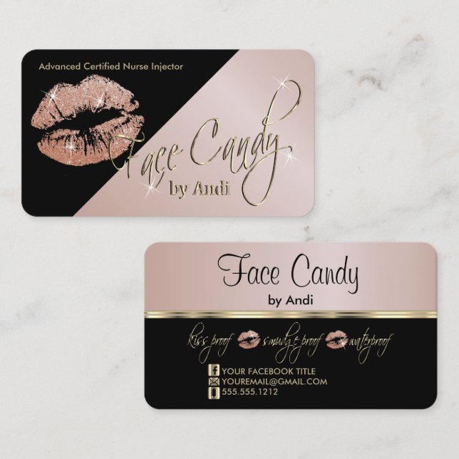 Tarjeta De Visita Personalizado - Rosa Oro Purpurina Ligeros en Negr (Anverso / Reverso)
