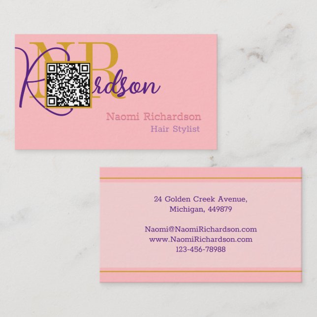 Tarjeta De Visita Personalizado Rosa y Oro, Código QR, Monograma / M (Anverso / Reverso)
