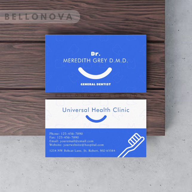 Tarjeta De Visita Personalizado Royal Blue White Dentits Médicas Fan (Custom Royal Blue White Dentist Doctors Fancy Business Card)